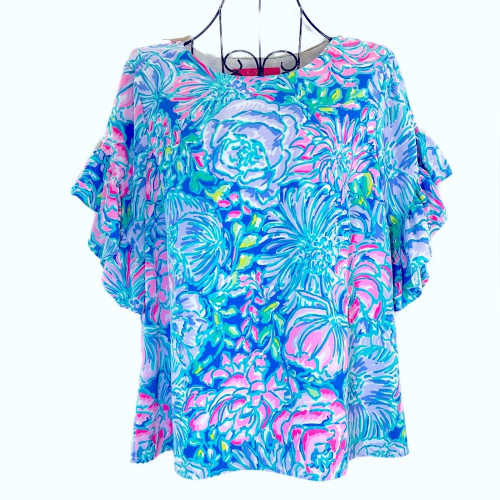Lilly Pulitzer Darlah Preppy Top Teal Pink Lileeze Print Ruffle Sleeves Size XS